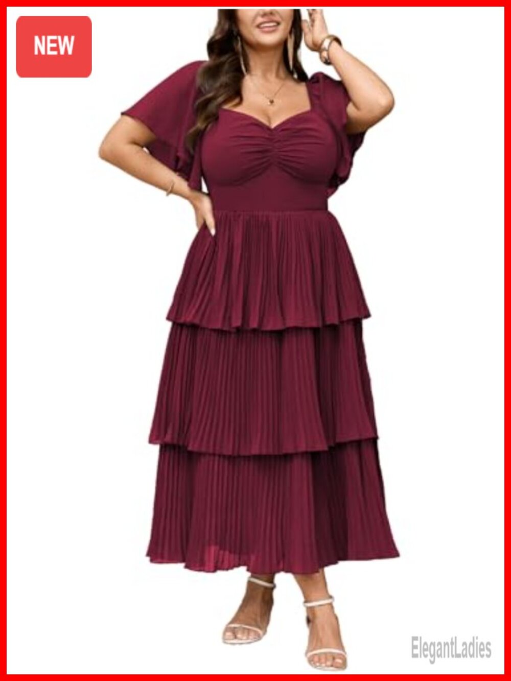 Plus Size Formal Wedding Guest Dress Sweetheart Neck Tiered Pleated Chiffon Maxi